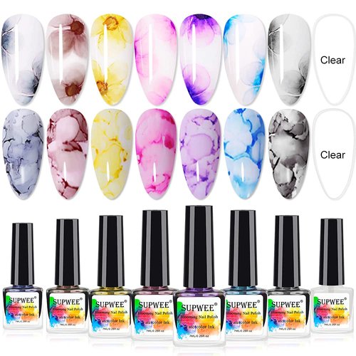 SUPWEE Blooming Gel Nail Polish Marble Nail Polish Gel Watercolor Ink Gel Nail Polish Flower Nail Art Blossom Gel for Spreading Marble Effect Soak Off UV Gel Manicure 8 Colors 7ml(0.25fl oz)