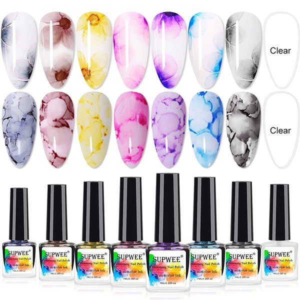SUPWEE Blooming Gel Nail Polish Marble Nail Polish Gel Watercolor Ink Gel Nail Polish Flower Nail Art Blossom Gel for Spreading Marble Effect Soak Off UV Gel Manicure 8 Colors 7ml(0.25fl oz)