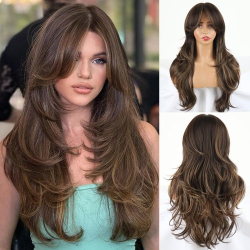 Mayouda Highlight Brown Long Layered Wig With Curtain Bangs For Women Long Straight Wavy Hair Wig Natural Looking Synthetic Heat Resistant Wigs for Daily Party Use (Highlight Brown#, 26Inch)