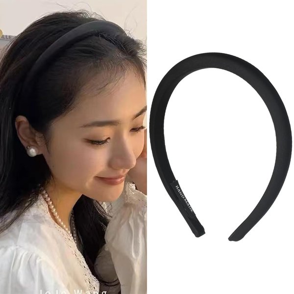 Ancnoz Satin Padded Headband for Women Girls Black Non Slip Silk Puffy Hairband Hair Hoop No Pressure Solid Thick Hair Band for Women’s Long Short Hair Elegant French Hair Accessories
