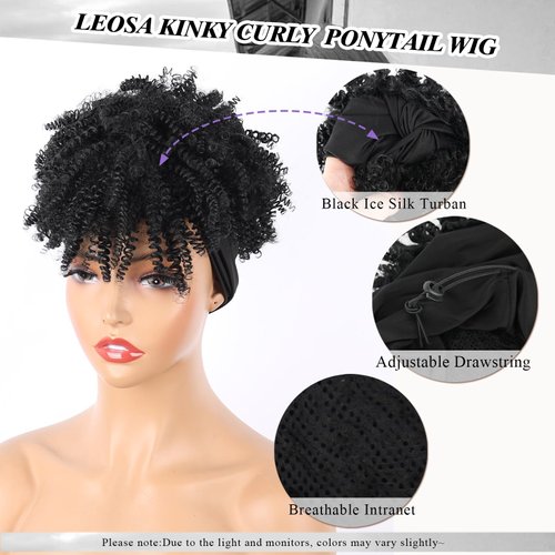 LEOSA Afro Black Headband Wig Short Afro Wigs for Black Women Synthetic Kinky Curly Headband Wig with Bangs for Women Natural Afro Puff with Bangs Turban Wrap-Wig Curly Afro Wig 4inch