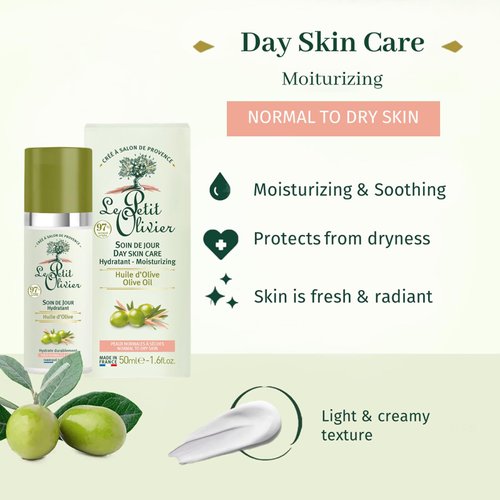 Le Petit Olivier Moisturizing Day Skin Care - Enriched with Olive Oil - Soothes and Hydrates Skin - Made with Natural Origin Ingredients - Silicone Free - Normal to Dry Skin - 1.6 oz Moisturizer