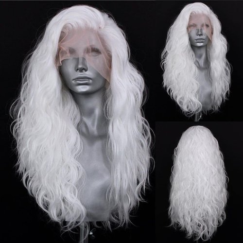 RDY 24inches White Long Body Wave Synthetic Lace Front Wigs Natural Looking White Long Wavy Synthetic Wig Lace Frontal Half Heat Fiber Hair Hand Tied Wig for Women Cosplay Daily Use Hair Wig