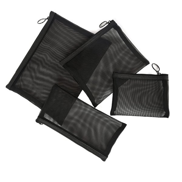 patu Zipper Mesh Bags, Pack of 4 (S/M/L & Pencil Pouch), Beauty Makeup Cosmetic Accessories Organizer, Travel Toiletry Kit Set Storage Case, Black