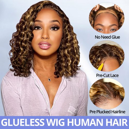 Eyefanniy Glueless Wigs Human Hair pre plucked Pre Cut, Blonde Highlights Short Curly Bob Lace Front Wigs for Black Women, 4x4 Lace Closure Wig with Elastic Band for Beginners, 200% Density, 12 Inch
