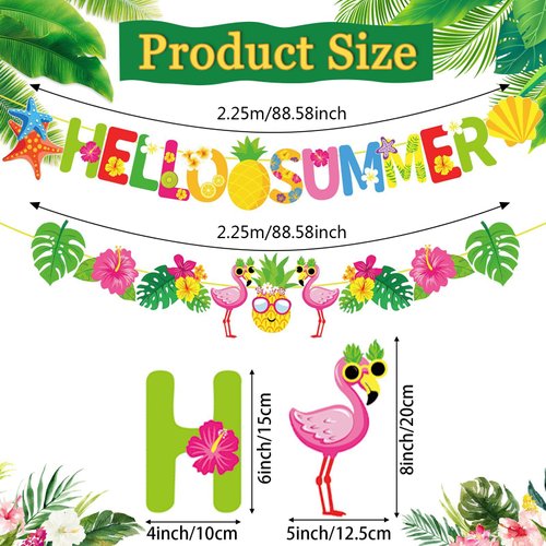 SEPGLITTER Hello Summer Banner and Gold Glittery Garland for Hawaiian Theme Tropical Beach Pool Camp Holiday Classroom Bulletin Board Birthday Happy Summer Party Decorations