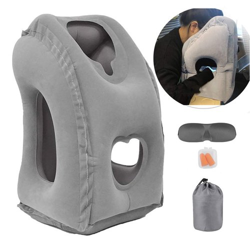Inflatable Travel Air Pillow for Sleeping to Avoid Neck and Shoulder Pain, Comfortably Support Head and Lumbar, Used for Airplane, Car, Bus and Office (Grey)