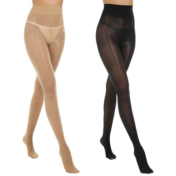 MANZI 2 Pairs Women's Shiny Sheer Tights High Waist Silk Comfort Stockings Oil Shimmery Nylons Pantyhose（Black and Natural,S-M）