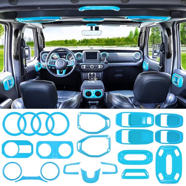 LAIKOU 21PCS Full Set Interior Decoration Trim Kit fit for Jeep Wrangler JL JLU 2018-2023 & Gladiator JT | Air Conditioning Vent Door Handle Speaker Light Headlight Switch Cover (Baby Blue)