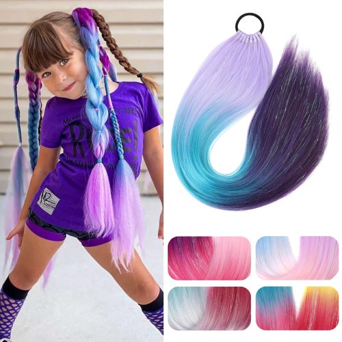 SEIKEA Colored Hair Extensions, 26" 9 Strands Lightweight Colored Hair Extensions for Kids Braid Ponytail Blend Hair Tinsel with Hair Tie, Ombre Crazy Hair Day Accessories Purple/Blue/Dark Purple