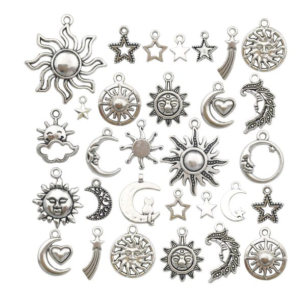 100g(80pcs) Craft Supplies Mixed Antique Silver Sun Moon Stars Charms Pendants for Crafting, Jewelry Findings Making Accessory for DIY Necklace Bracelet (M250)