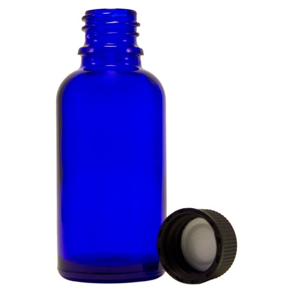 30 ml (1 fl oz) Cobalt Blue Glass Bottle with Black Cap (12 Pack)