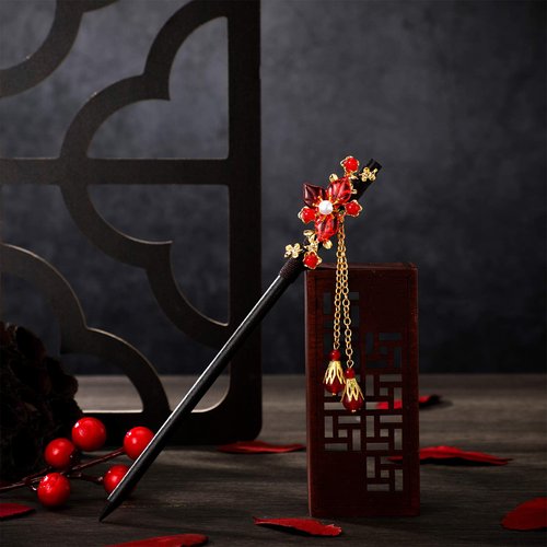 Waydress 4 Pcs Retro Geisha Red Wooden Hairpins Japanese Hair Stick Asian Hair Chopsticks Handmade Flower Tassel Hair Accessories with Tassel for Women Girl Long Hair (Classic Style)