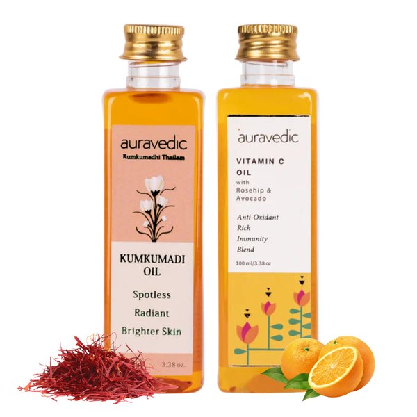 Auravedic Kumkumadi Saffron & Vitamin C Oil | Hydrating Face Moisturizer | Helps Reduce Fine Lines & Nourishes Dry, Dull Skin | Natural Facial Massage Oil | 3.38 Fl Oz/100ml (Pack of 2)