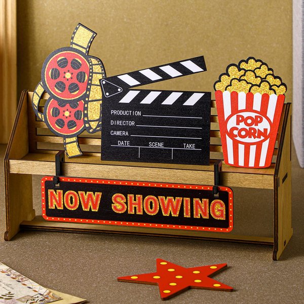 Wonderjune 6 Pcs Movie Night Christmas Wooden Table Centerpieces Including 11.8 Inch Raised Shelf and 5 Wooden Decorations Movie Night Party Decorations for Movie Theme Party Supplies