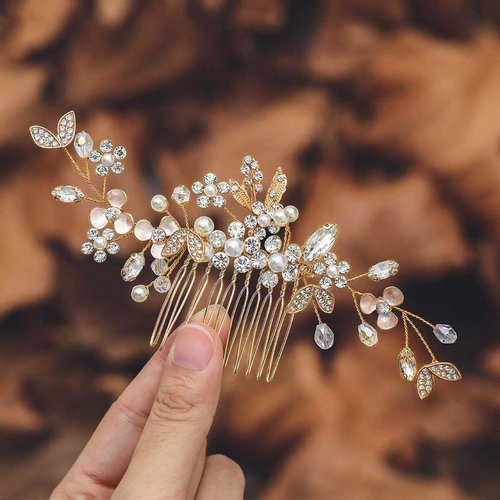 Casdre Crystal Bride Wedding Hair Comb Rhinestone Bridal Hair Piece Flower Hair Accessories for Women and Girls (C Gold)