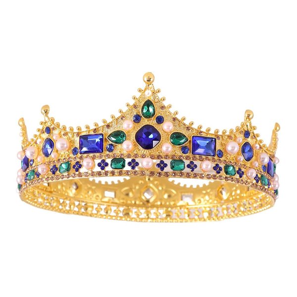 King Crystal Wedding Tiara Vintage Rhinestone Crown Hair Bands For Men Birthday Prom Pageant Hair Accessories (Gold With Blue Stone)