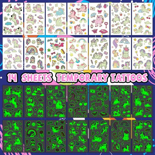EMOME 140+ Styles Luminous Kids Tattoos, Temporary Tattoo Stickers Waterproof for Boys and Girls, Children Glow Party Favors Supplies Games (Unicorns)