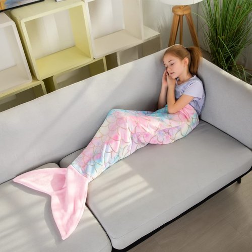 Mermaid Tail Blankets Glittering Wearable Cute Cozy Soft Flannel Rainbow Colorful Mermaid Tail Blanket for Girls 5~12 Year