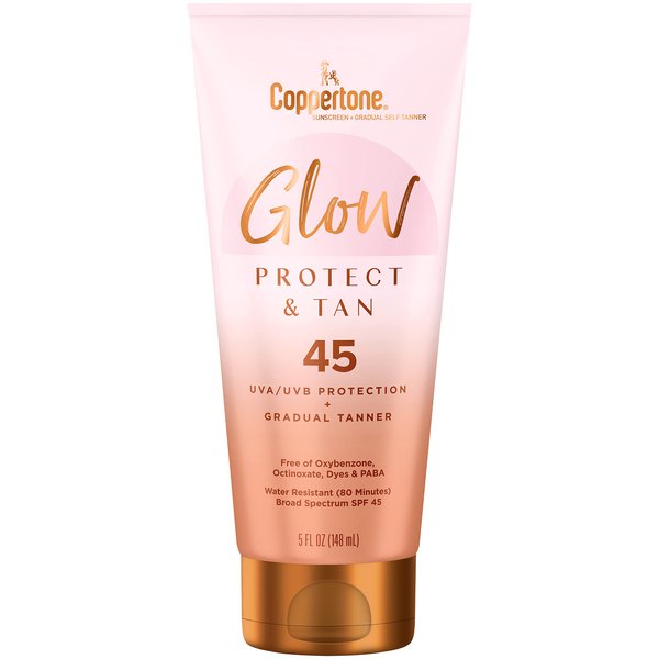 Coppertone Glow Protect and Tan Sunscreen Lotion + Gradual Self Tanner, SPF 45 Sunscreen, 5 Fl Oz Tube