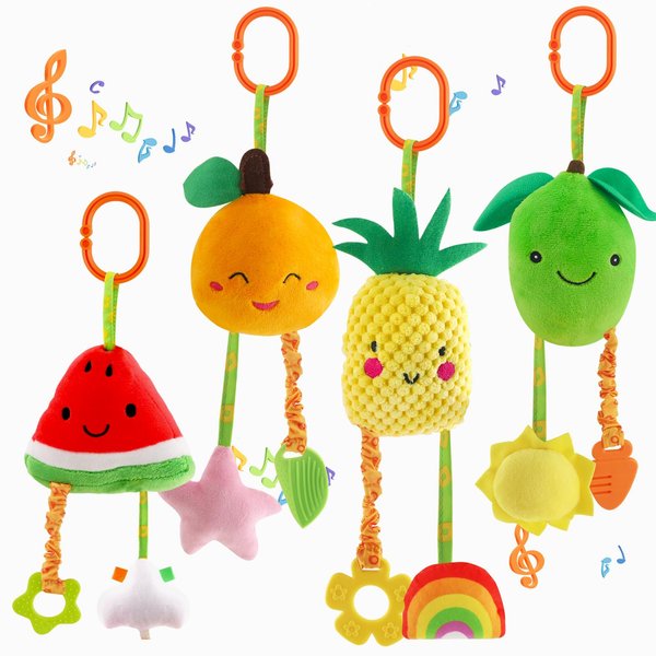 KAKIBLIN Baby Hanging Rattle Toys, 4 Pack Car Seat Stroller Toys Soft Squeaky Toys for Baby Newborn Infant Car Bed Crib Travel Activity, Fruits-A