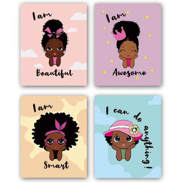 Black Girl Wall Art,Motivational Black Girl Wall Art,African American Girl Art Painting,Inspirational Black Girl Wall Art,Decor for Girls Bedroom,Wall Art for Girls Bedroom, Set of 4 - No Frame,8"x10"