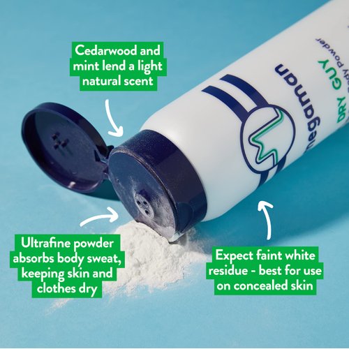 Megaman Sweat Absorbing Body Powder - Dry Guy | Prevents Chafing & Odor | Groin, Body, feet & More | Talc-Free, All Natural | 6 oz