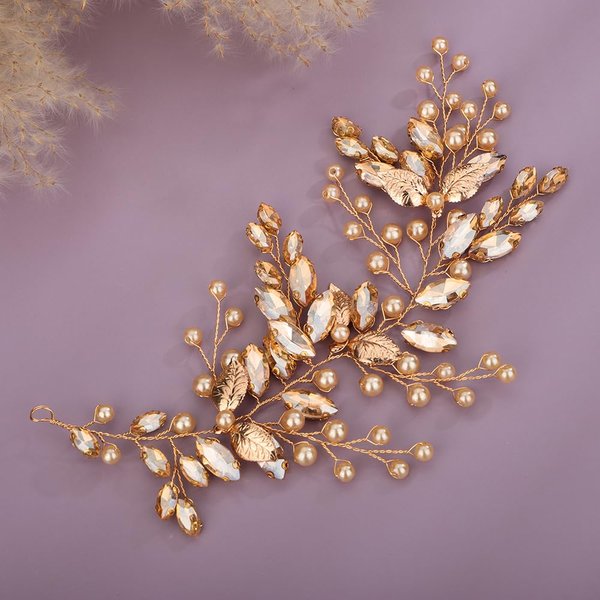 Teyglen Crystal Bride Wedding Hair Vine Headband Gold Leaf Champagne Rhinestone Headpiece Wedding Hair Accessories Bridal Crystal Pearl Headband Hair Piece for Women Girls (Champagne)