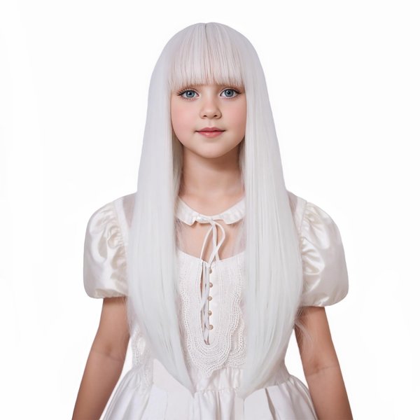 Edivd White Wig for Kids Long White Wig with Air Bangs for Girls Long White Straight Wig for Child Heat Resistant Synthetic Wig with Wig Cap