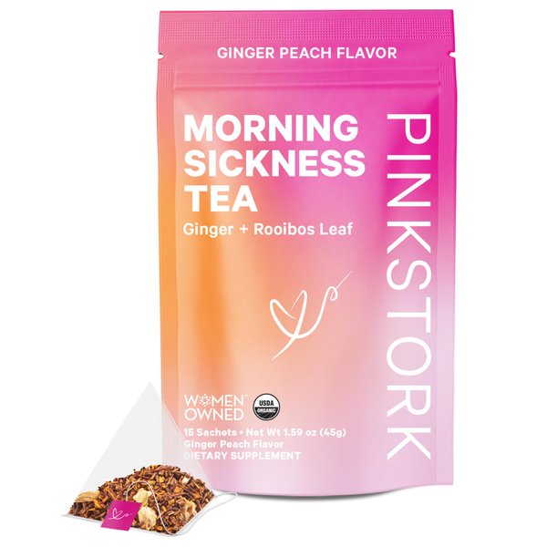 Pink Stork Morning Sickness Tea - Organic Ginger Peach Pregnancy Tea for Morning Sickness Relief, First Trimester Pregnancy Must Haves, Caffeine-Free, Hot or Iced, 15 Sachets