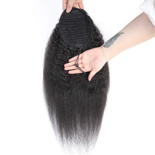 Feelgrace Virgin Human Hair Kinky Straight Ponytail Hair Extensions Clip in Hair Extension Remy Hair (16 Inch, Kinky Straight)
