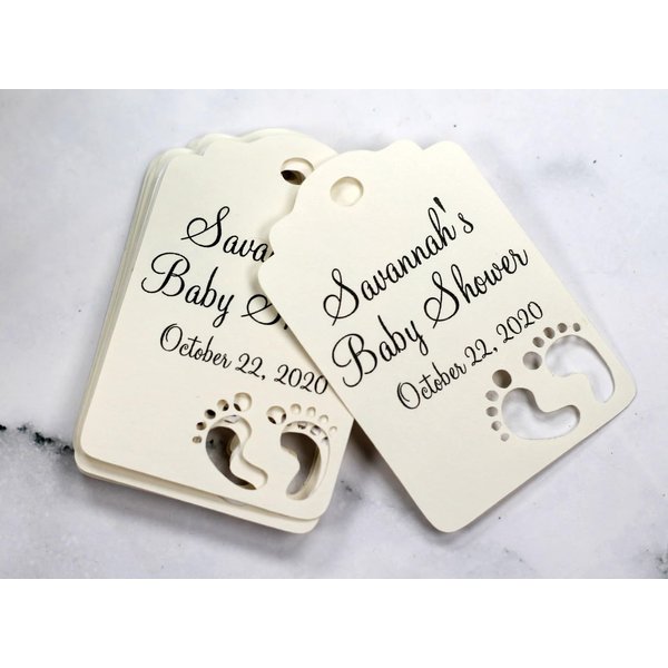 Personalized Baby Shower Thank You Tags with Baby Feet Cut Out, Set of 12 (Cream)
