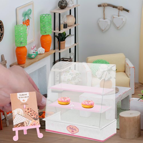 ibasenice Miniature Bakery Case, Dollhouse Cake Bread Stand Display Cabinet 1:12 Scale Mini Food Display Cabinet Model with Sliding Door for Dollhouse Store Scene Decoration Pink
