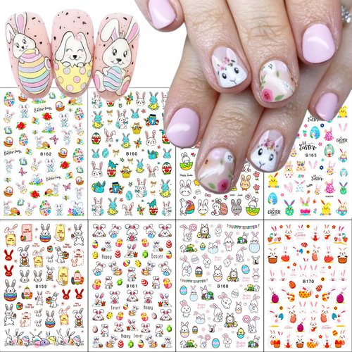 8 Sheets Easter Nail Art Stickers Cute Bunny Eggs Chick Flower Nail Decals 3D Self-Adhesive Easter Egg Rabbit Chicken Nail Design Stickers Nail Decoration for Women DIY Manicure Supplies Accessories