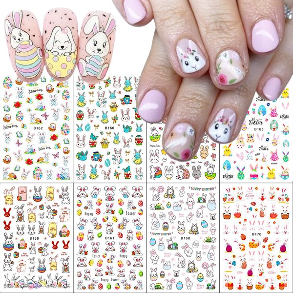 8 Sheets Easter Nail Art Stickers Cute Bunny Eggs Chick Flower Nail Decals 3D Self-Adhesive Easter Egg Rabbit Chicken Nail Design Stickers Nail Decoration for Women DIY Manicure Supplies Accessories