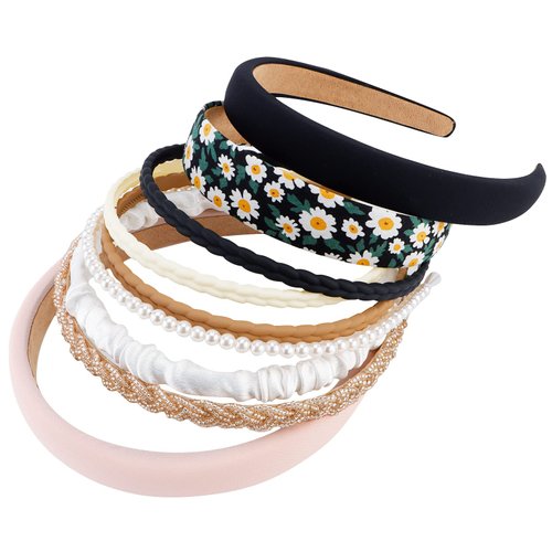 TOBATOBA 9Pcs Fashion Headbands for Women Cute Headbands for Girls, Womens Headbands Non Slip, Head Bands for Women's Hair, Flower Pearl Headbands for Women, Black White Neutral Headbands Set