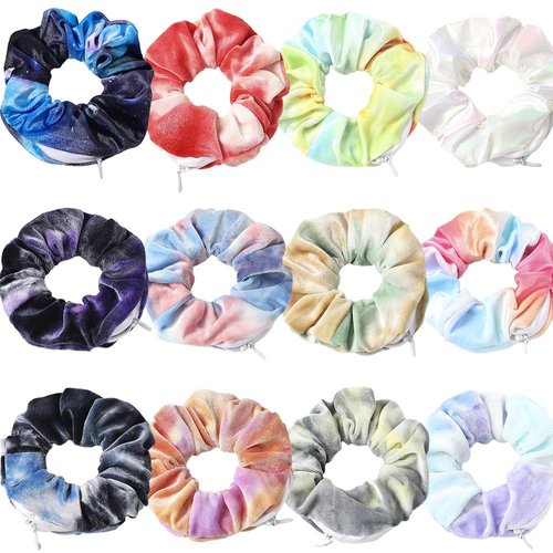 12 Pcs Premium Velvet Hair Tie Scrunchies for VSCO Girls & Women, original hidden pocket scrunchie with Zipper Pocket Stash Chiffon Tie Dye Scrunchie Storage for Women Girls Hair Accessories (tie dye Velvet)