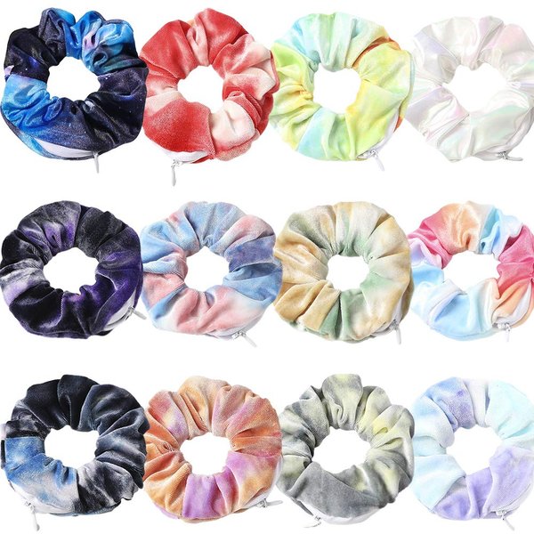 12 Pcs Premium Velvet Hair Tie Scrunchies for VSCO Girls & Women, original hidden pocket scrunchie with Zipper Pocket Stash Chiffon Tie Dye Scrunchie Storage for Women Girls Hair Accessories (tie dye Velvet)