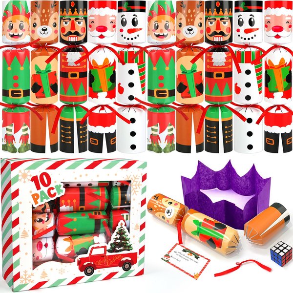 SURCVIO 10 Pack Non-Snap Christmas Table Party Favors with Party Hats Joke Little Gifts for Kids Adults, Christmas Cute Characters Design, Xmas Seasonal Holiday Dinner Traditions Supplies