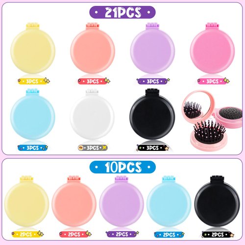 21 Pcs Travel Mirror Hair Brushes Folding Pocket Hair Brush with Mini Makeup Mirror Round Mini Hair Comb for Travel Men Women and Girls (7 Colors)