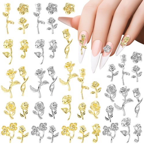 HINZIC 132pcs Rose Charms for Nails 3D Flower Nail Charms Metal Gold Silver Nail Jewels Rhinestones Glitter Nail Studs for Acrylic Nails Decoration Valentines Birthday Christmas DIY Craft Making