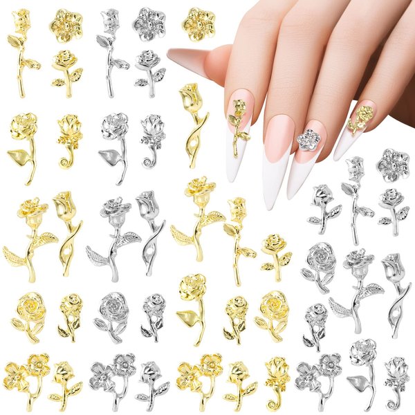 HINZIC 132pcs Rose Charms for Nails 3D Flower Nail Charms Metal Gold Silver Nail Jewels Rhinestones Glitter Nail Studs for Acrylic Nails Decoration Valentines Birthday Christmas DIY Craft Making