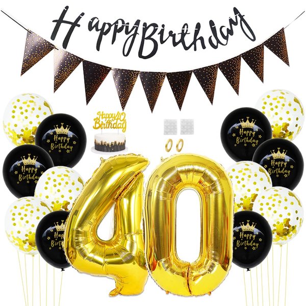 Daimay 40th Birthday Party Decorations Gold Black Happy Birthday Latex Confetti Balloons Triangle Flag Banner Number 40 Foil Balloon Cake Topper for Men Women Anniversary Birthday Party Supplies