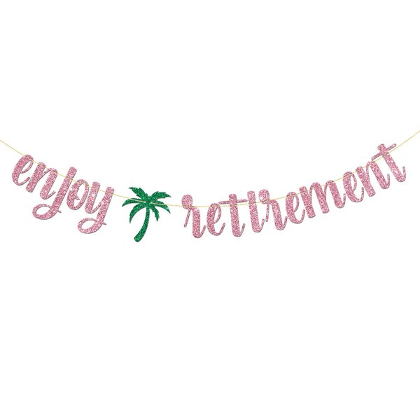 Belrew Enjoy Retirement Banner, Retirement Banner, Women Retired Party Decoration Bunting Supplies, Glittery Pink