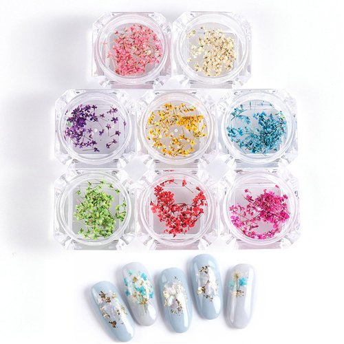 WOKOTO 8 Boxes Mini Dry Flowers Nail Art Stickers 3D Spring Floral Nail Decals charms Colorful Natural Dried Flowers Nail Stickers Mini Real Nail Flower Charms Set for Women Girls Nail Decorations