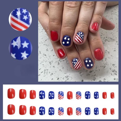 24 Pcs Independence Day Press on Nails Short Star False Nails 4th of July Glue on Nails American Flag Glossy Designs Fake Nails Red Natural Full Cover Stick on Nails for Patriotic Woman Manicure Decor