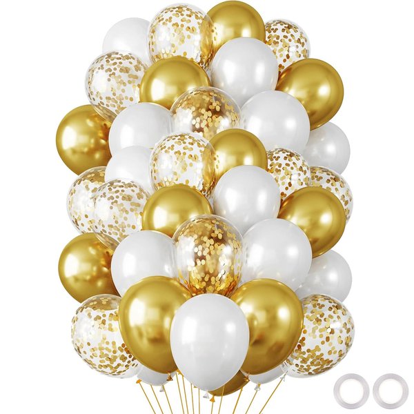 60pcs 12 Inches White Gold Balloon Kit, Metallic Chrome Gold and Confetti Balloons for Birthday Wedding Engagement Bridal Shower Decorations