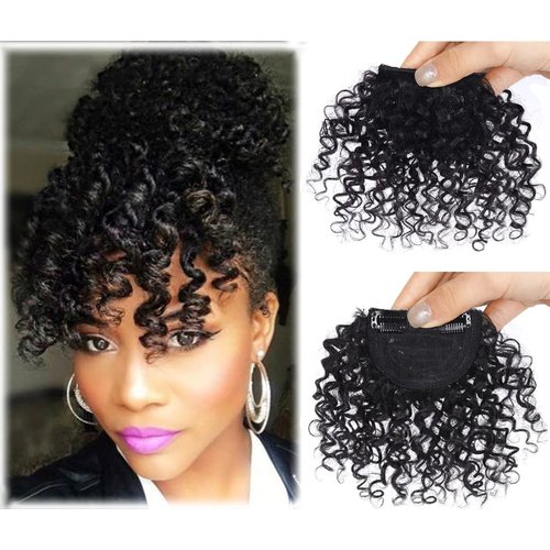 ICRAB Afro Kinly Curly Bangs Clip in Hair Extensions Natural Fake Fringe Bangs Short Curly Human Hair Bangs Clip on Hair Piece Jerry Curly Fringe Hair Black Color