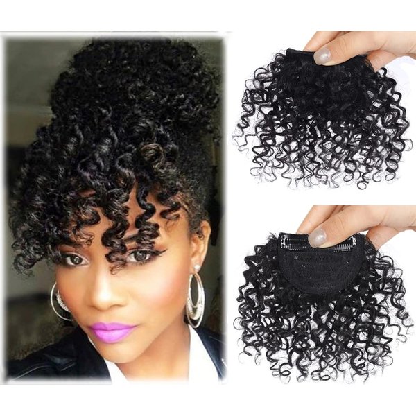 ICRAB Afro Kinly Curly Bangs Clip in Hair Extensions Natural Fake Fringe Bangs Short Curly Human Hair Bangs Clip on Hair Piece Jerry Curly Fringe Hair Black Color