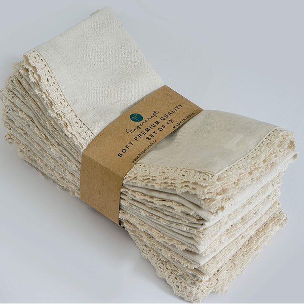 Dinner Napkin Cotton Linen 12 Pk Premium Quality Mitered Corners with Elegant Lace for Everyday Use, are Pre Shrunk and Good Absorbency with Lace